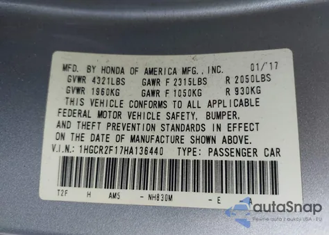 2017 Honda Accord Sport Se z USA, uszkodzony, nr VIN 1HGCR2F17HA136440